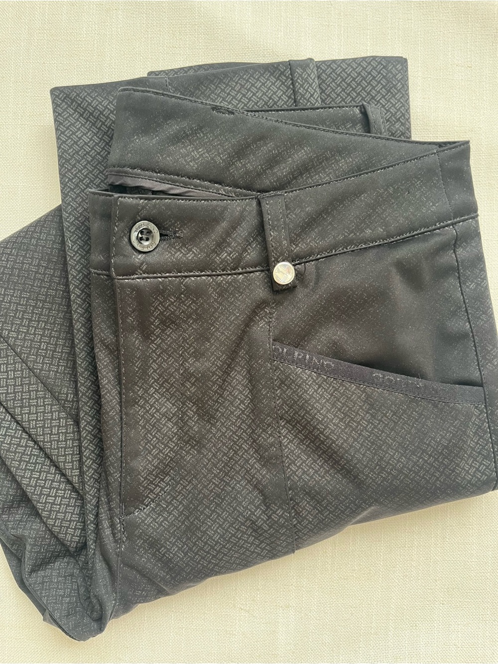 Golfino Ladies Techno Stretch Trousers in Black with Subtle Pattern. Size 6.